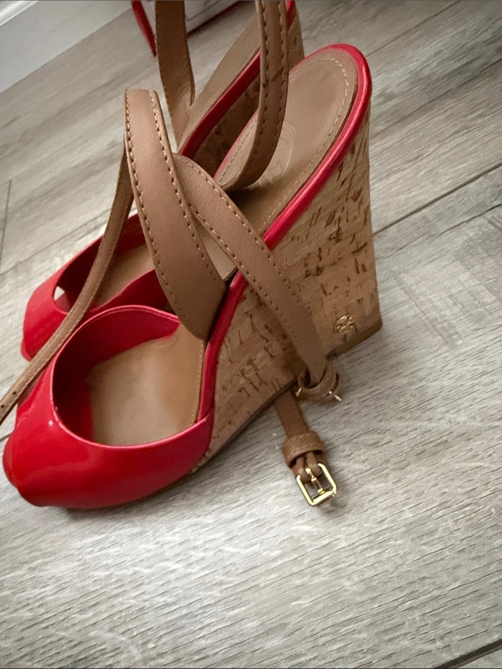 Tory Burch Red Patent Leather Open-Toe Slingbacks with Tan Straps